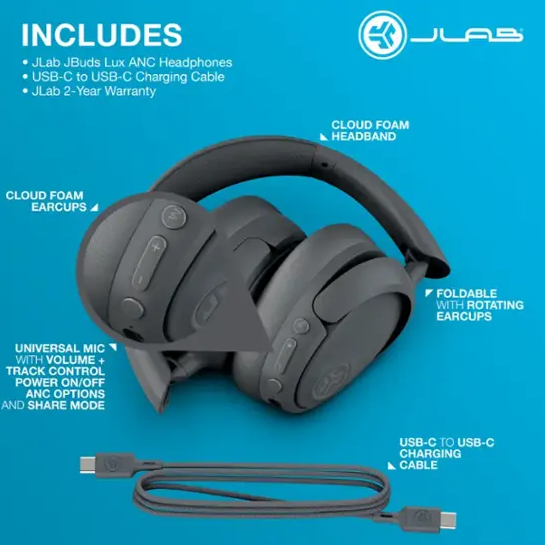 JLab JBuds Lux ANC Active Noice Canceling Headphones with Microphone and Foldable Design (BB)