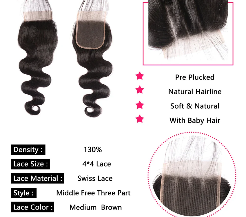 13x4 Lace Frontal 4x4 Closure Body Wave 4x4 Brazilian Remy Hair Pre Plucked 100% Human Hair