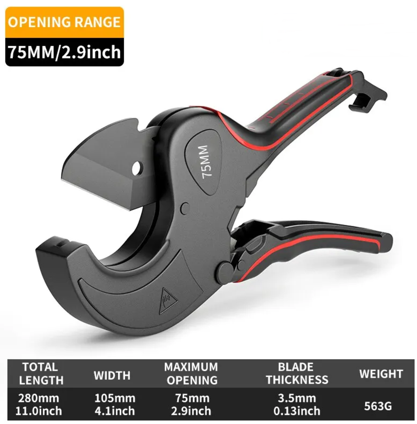 42mm-75mm Pipe Cutter Aluminum Alloy Body Ratchet Scissors Tube Cutter PVC/PU/PP/PE Hose Cutting Hand Tools