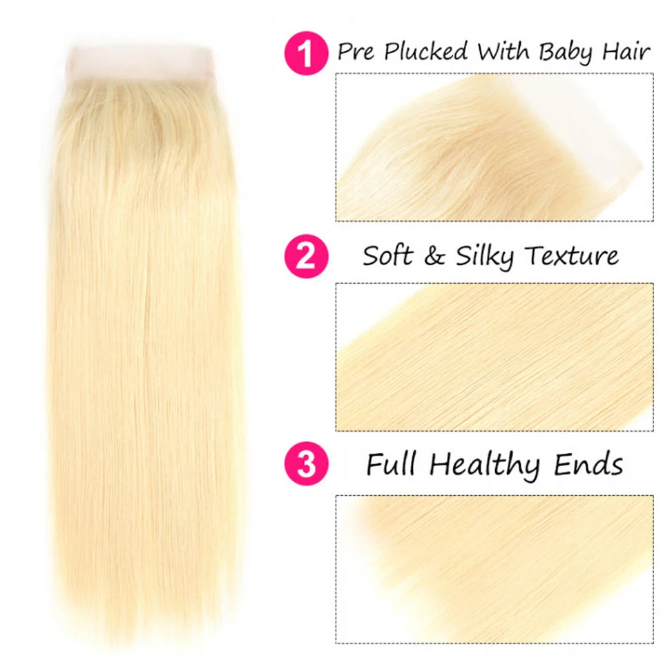 4x4 Top Lace Closure 613 Blonde Straight Brazilian Human Hair