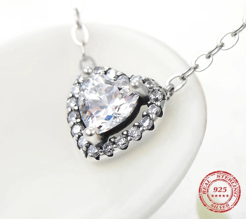 Fancy Crystal Heart 925 Sterling Silver Pendant Necklace Chain for Women Fine Statement Jewelry Accessories