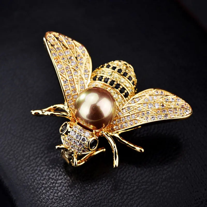 Luxury Crystals with Pearl Bee Brooch for Women Girls Rhinestone Gold Silver Color Pin Brooches Jewelry