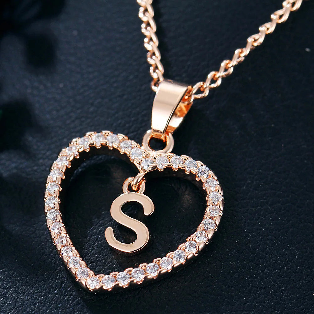 Luxury Crystal Heart Initial Letter Rose Gold Color Pendant Chain Necklace for Women Love Jewelry Accessories