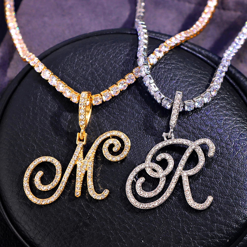 Elegant Sparkling Cursive Initial Name Letters Silver Gold Color Pendant Necklace Zircon Bling Alphabet Jewelry