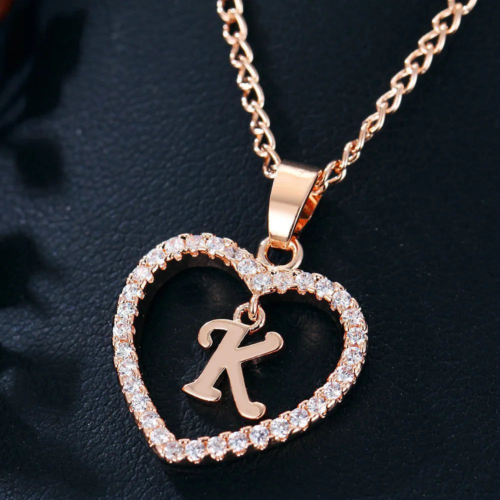 Luxury Crystal Heart Initial Letter Rose Gold Color Pendant Chain Necklace for Women Love Jewelry Accessories