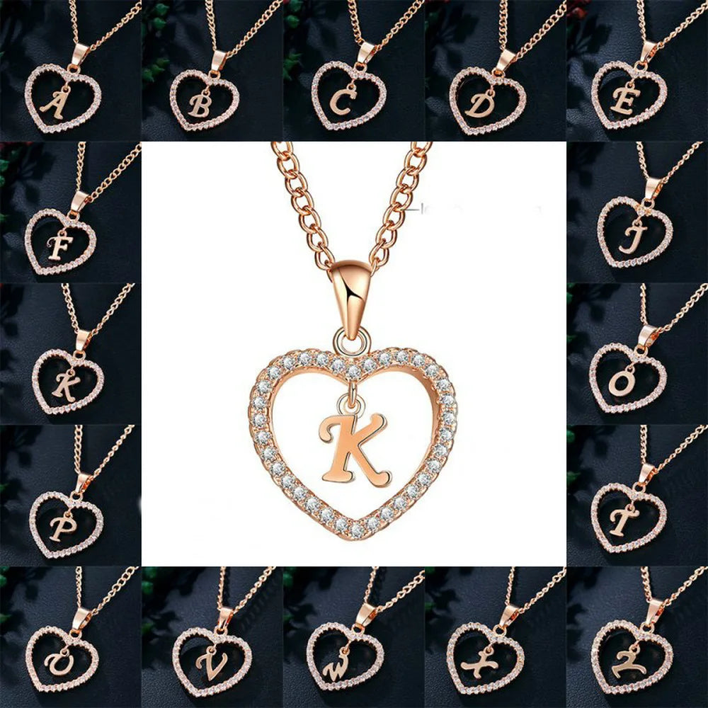 Luxury Crystal Heart Initial Letter Rose Gold Color Pendant Chain Necklace for Women Love Jewelry Accessories