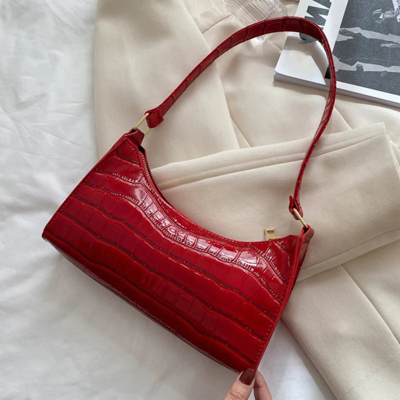 Fashion Alligator Crocodile Pattern Women's Leather Baguette Handbag Purse Underarm Small Messenger Bag