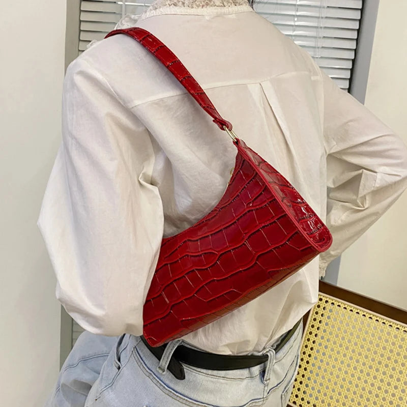 Fashion Alligator Crocodile Pattern Women's Leather Baguette Handbag Purse Underarm Small Messenger Bag