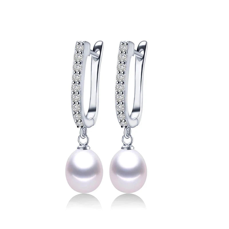 Crystals Drop 925 Sterling Silver Pearl Earrings for Women Girls Natural Freshwater Real Pearls Fashion Zircon Jewelry