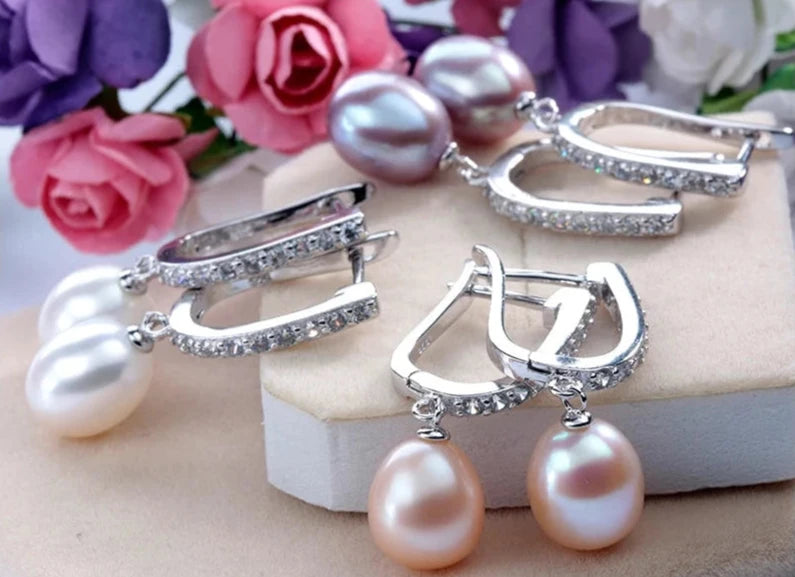Crystals Drop 925 Sterling Silver Pearl Earrings for Women Girls Natural Freshwater Real Pearls Fashion Zircon Jewelry
