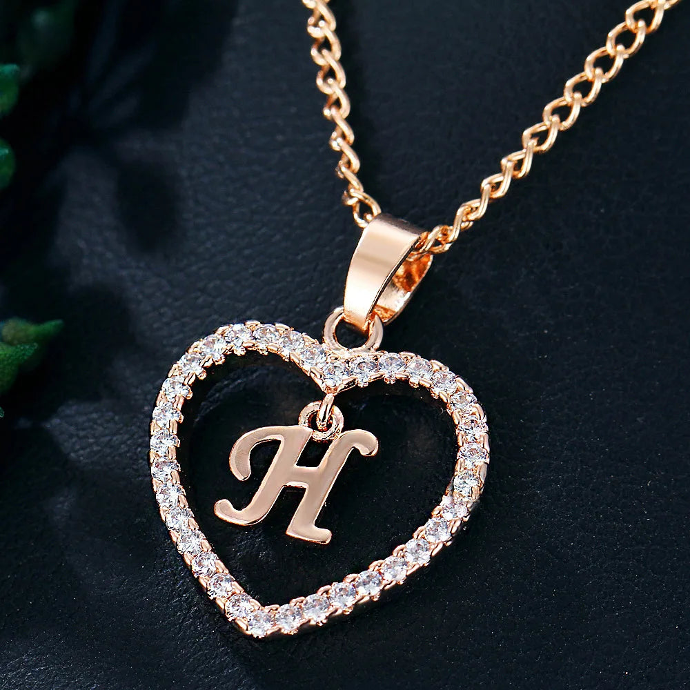 Luxury Crystal Heart Initial Letter Rose Gold Color Pendant Chain Necklace for Women Love Jewelry Accessories