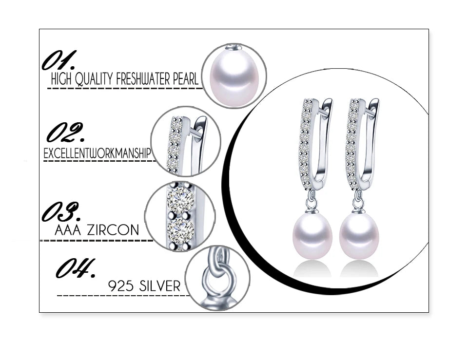 Crystals Drop 925 Sterling Silver Pearl Earrings for Women Girls Natural Freshwater Real Pearls Fashion Zircon Jewelry