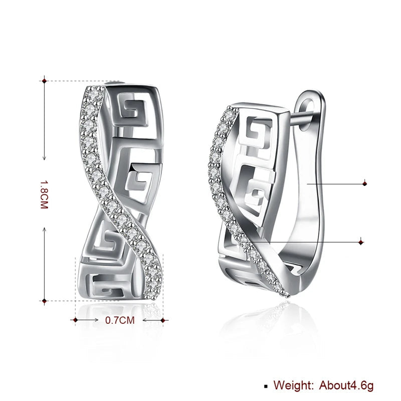 Popular Crystal Greek Key Design 925 Sterling Silver Hoop Earrings for Woman Jewelry Accessories