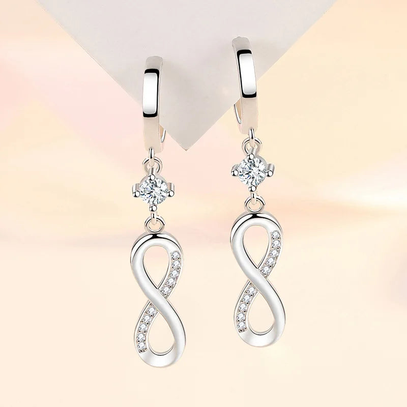 Infinity Symbol 925 Sterling Silver Tassel Crystal Drop Earrings For Women Girls Elegant Weave Fashion Jewelry