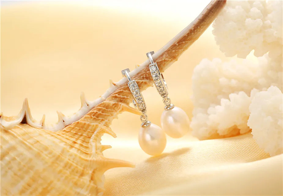 Exquisite Crystals Natural Pearl Hoop Drop Earrings for Women Girls 925 Sterling Silver Dangle Genuine Freshwater Pearls Zircon Jewelry