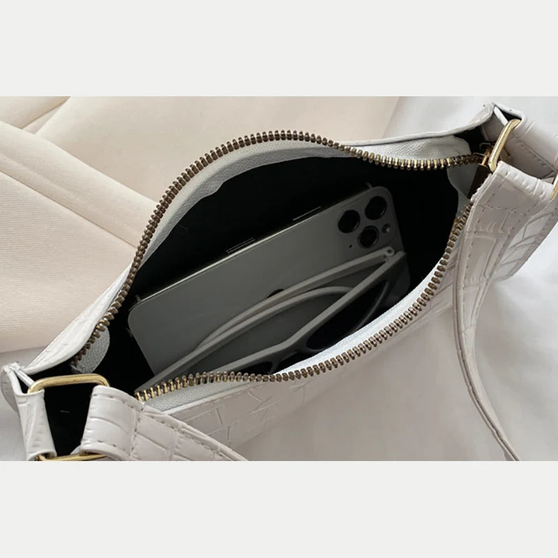 Fashion Alligator Crocodile Pattern Women's Leather Baguette Handbag Purse Underarm Small Messenger Bag