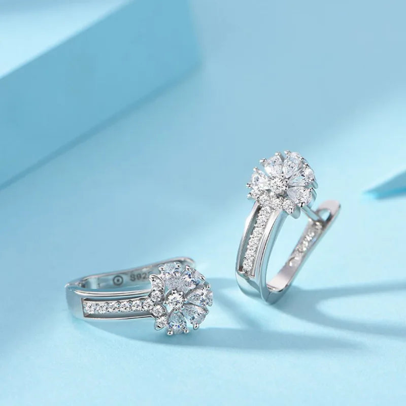 Luxurious Crystal Flowers Inlaid 925 Sterling Silver Hoop Earrings for Women Fancy Charm Jewelry Accessories