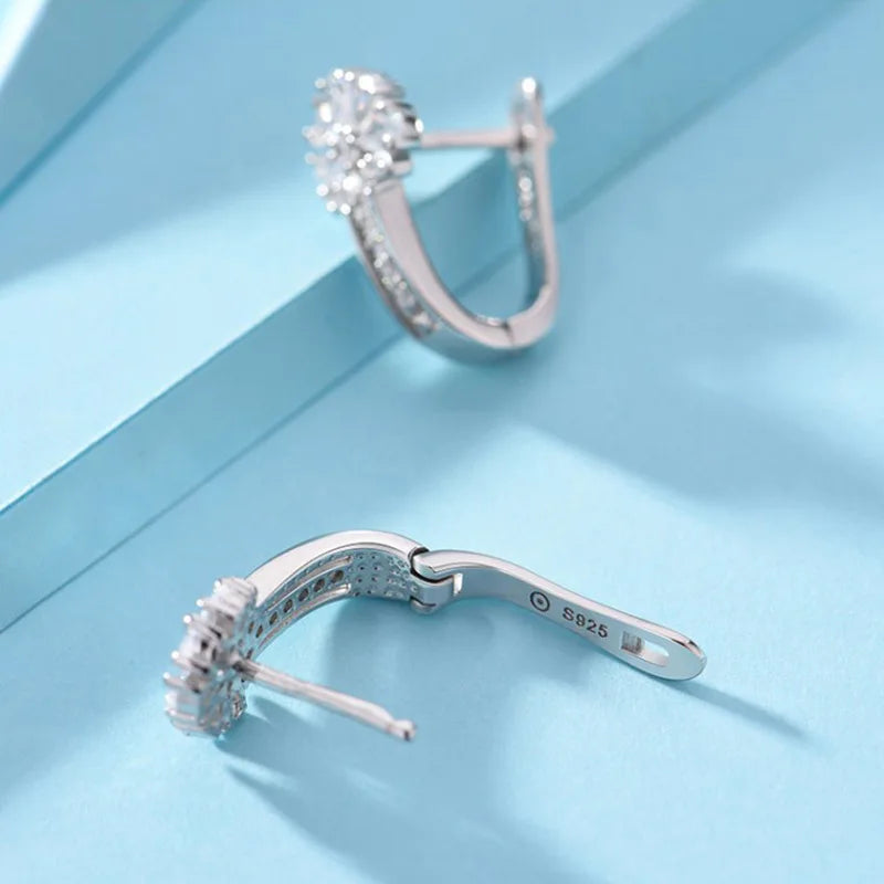 Luxurious Crystal Flowers Inlaid 925 Sterling Silver Hoop Earrings for Women Fancy Charm Jewelry Accessories