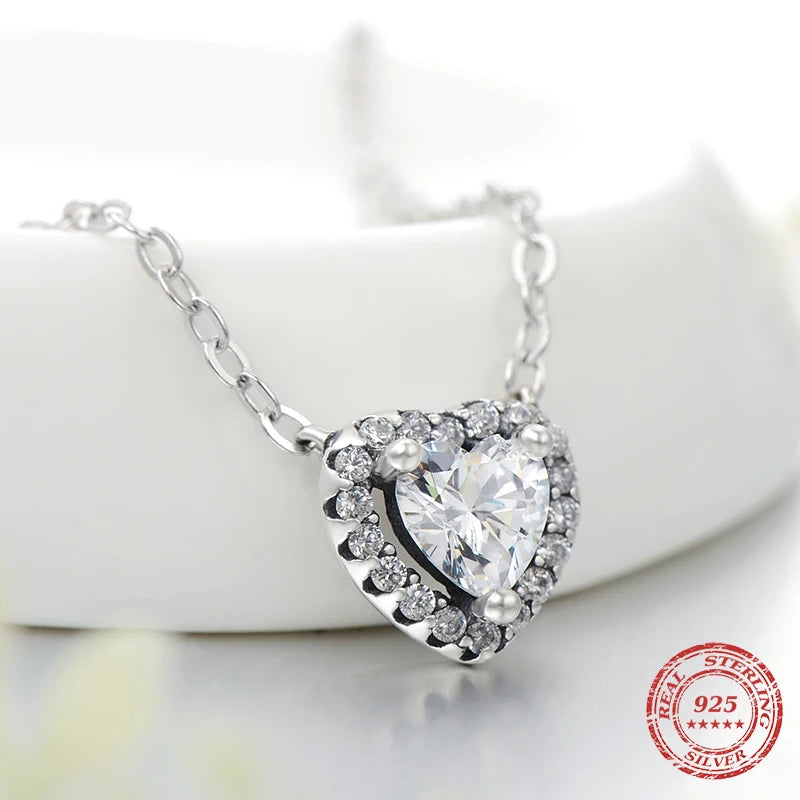 Fancy Crystal Heart 925 Sterling Silver Pendant Necklace Chain for Women Fine Statement Jewelry Accessories