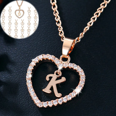 Luxury Crystal Heart Initial Letter Rose Gold Color Pendant Chain Necklace for Women Love Jewelry Accessories