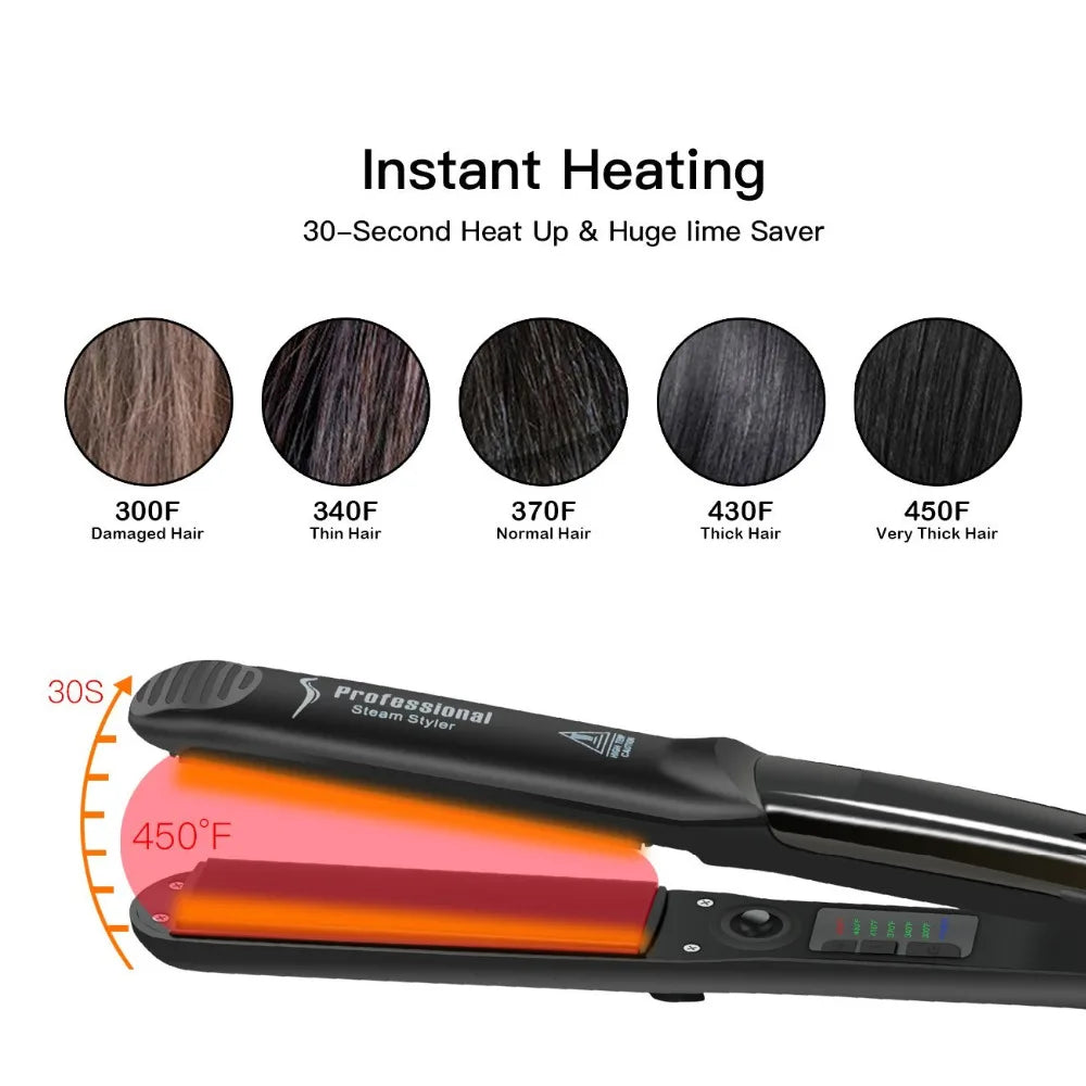 Fast Heating Electric Steam Vapors Ceramic Flat Iron Hair Straightener 450℉ Argan Oil Treatment Professional Hair Care Tool