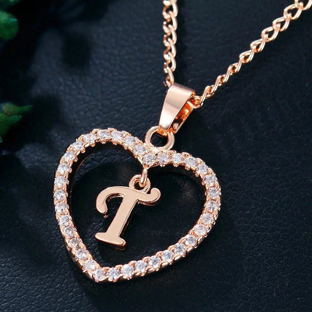 Luxury Crystal Heart Initial Letter Rose Gold Color Pendant Chain Necklace for Women Love Jewelry Accessories
