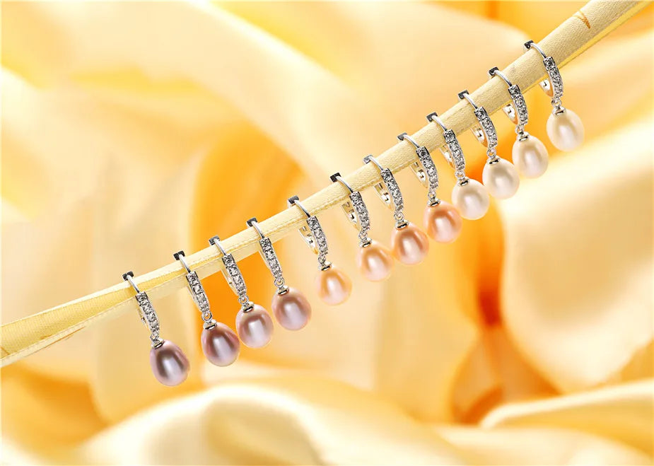 Exquisite Crystals Natural Pearl Hoop Drop Earrings for Women Girls 925 Sterling Silver Dangle Genuine Freshwater Pearls Zircon Jewelry