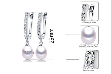 Crystals Drop 925 Sterling Silver Pearl Earrings for Women Girls Natural Freshwater Real Pearls Fashion Zircon Jewelry