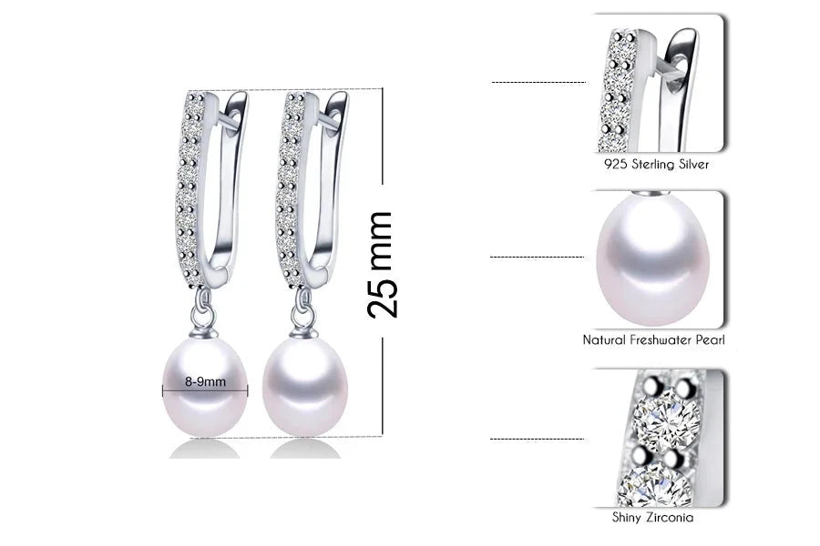 Crystals Drop 925 Sterling Silver Pearl Earrings for Women Girls Natural Freshwater Real Pearls Fashion Zircon Jewelry