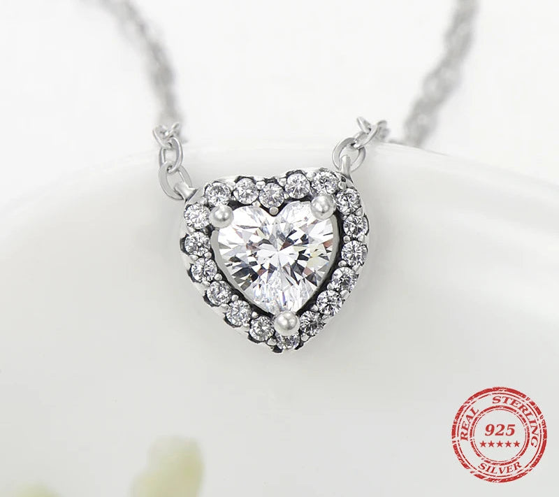 Fancy Crystal Heart 925 Sterling Silver Pendant Necklace Chain for Women Fine Statement Jewelry Accessories