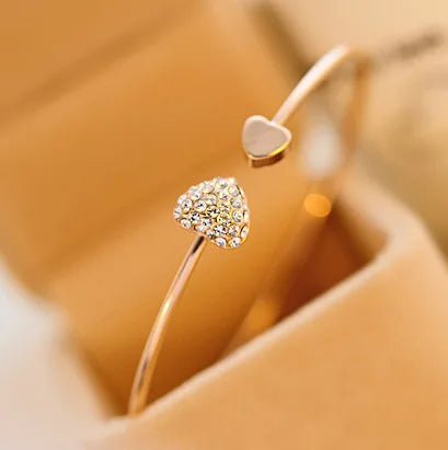 Modern Adjustable Crystal Double Heart Bow Bangle Cuff Bracelet for Women Wonderful Fashion Jewelry Accessories