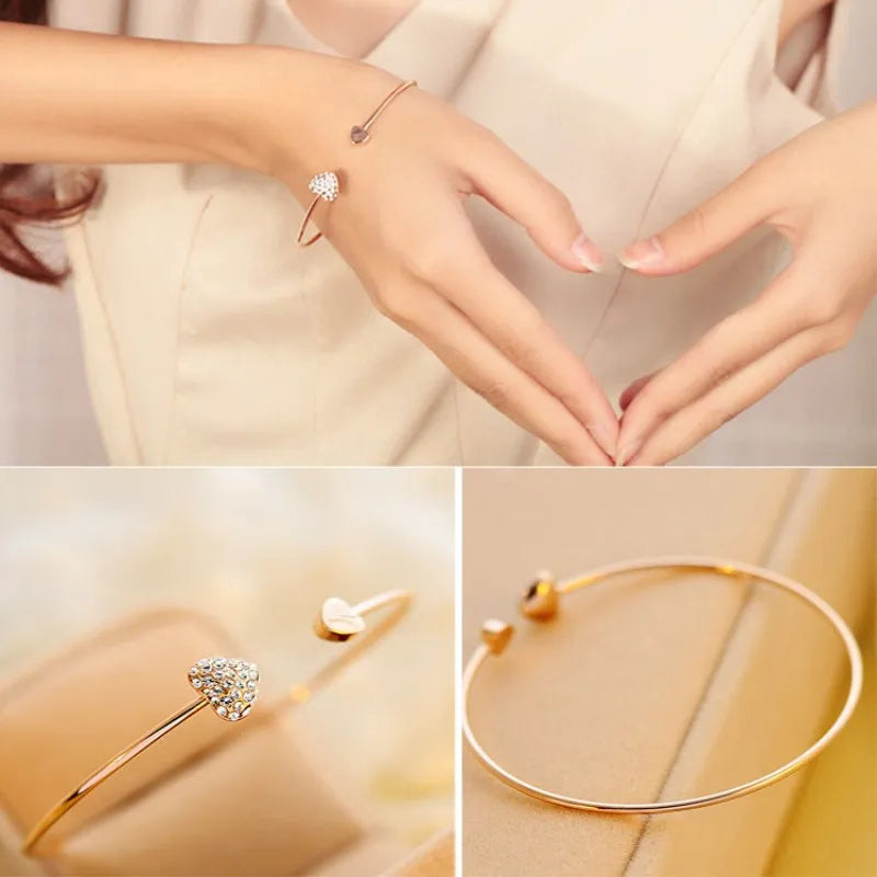 Modern Adjustable Crystal Double Heart Bow Bangle Cuff Bracelet for Women Wonderful Fashion Jewelry Accessories