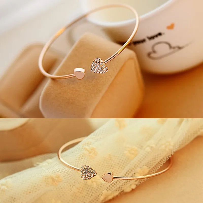 Modern Adjustable Crystal Double Heart Bow Bangle Cuff Bracelet for Women Wonderful Fashion Jewelry Accessories