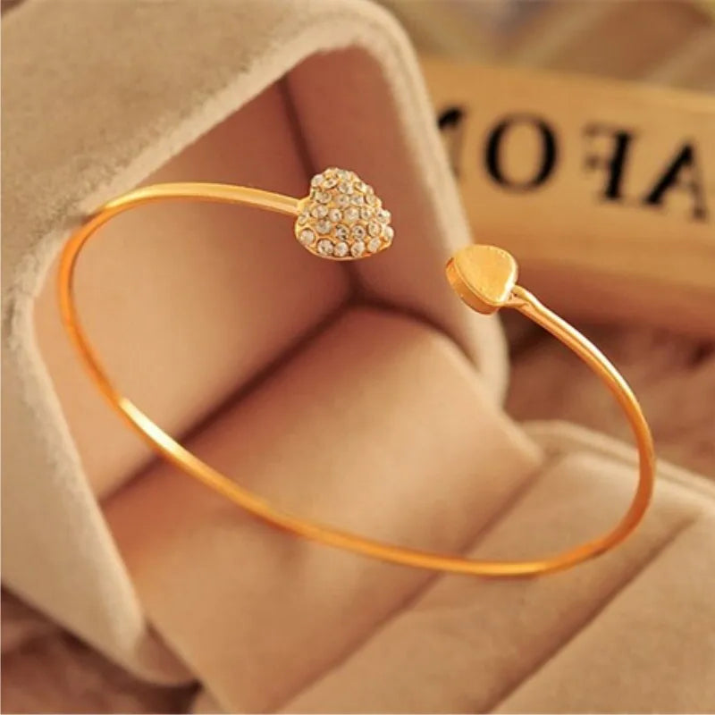 Modern Adjustable Crystal Double Heart Bow Bangle Cuff Bracelet for Women Wonderful Fashion Jewelry Accessories