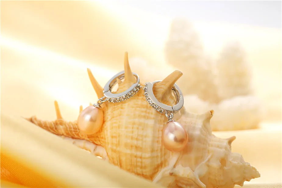 Exquisite Crystals Natural Pearl Hoop Drop Earrings for Women Girls 925 Sterling Silver Dangle Genuine Freshwater Pearls Zircon Jewelry