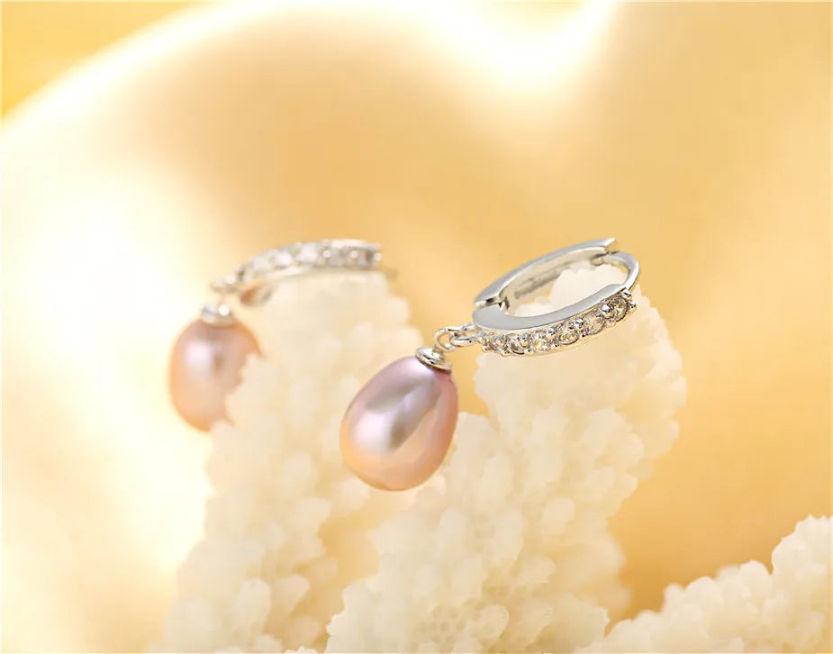 Exquisite Crystals Natural Pearl Hoop Drop Earrings for Women Girls 925 Sterling Silver Dangle Genuine Freshwater Pearls Zircon Jewelry