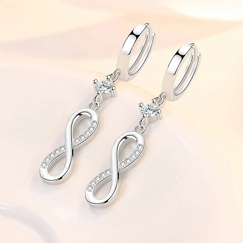 Infinity Symbol 925 Sterling Silver Tassel Crystal Drop Earrings For Women Girls Elegant Weave Fashion Jewelry