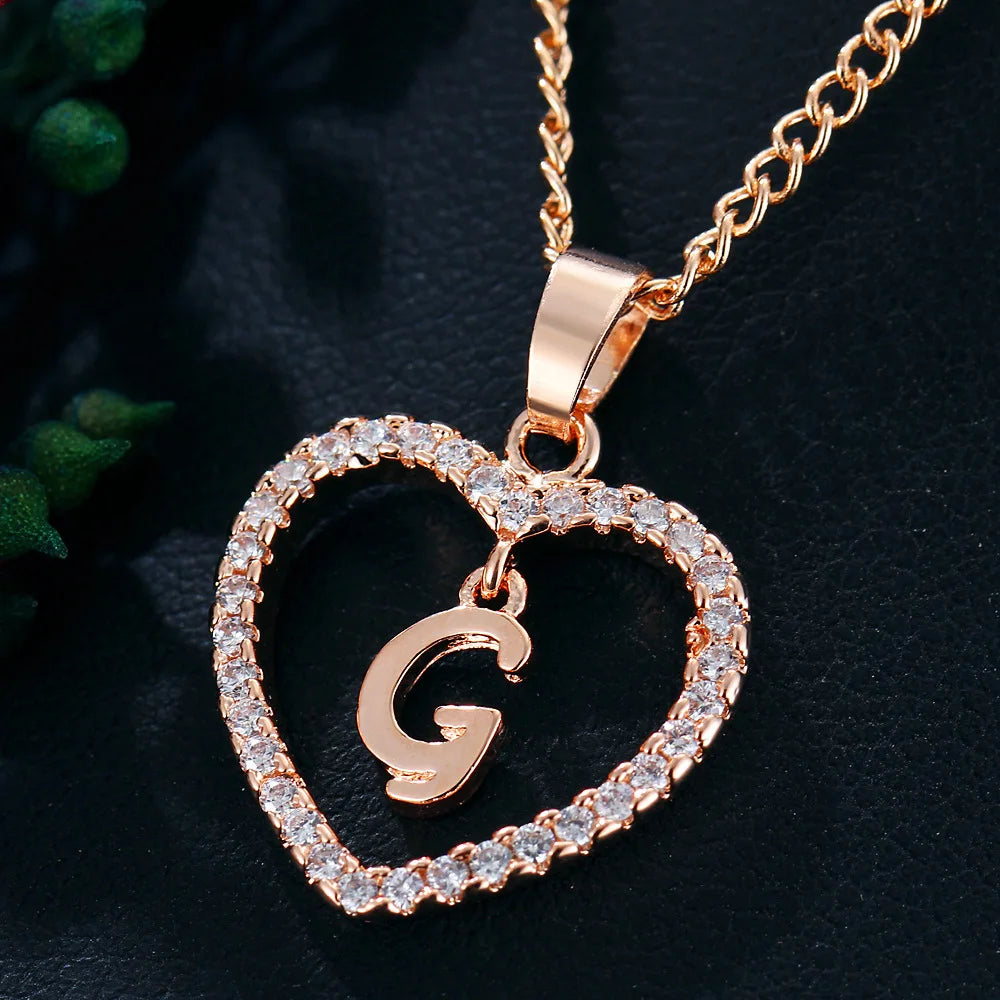 Luxury Crystal Heart Initial Letter Rose Gold Color Pendant Chain Necklace for Women Love Jewelry Accessories