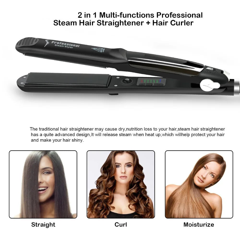 Fast Heating Electric Steam Vapors Ceramic Flat Iron Hair Straightener 450℉ Argan Oil Treatment Professional Hair Care Tool