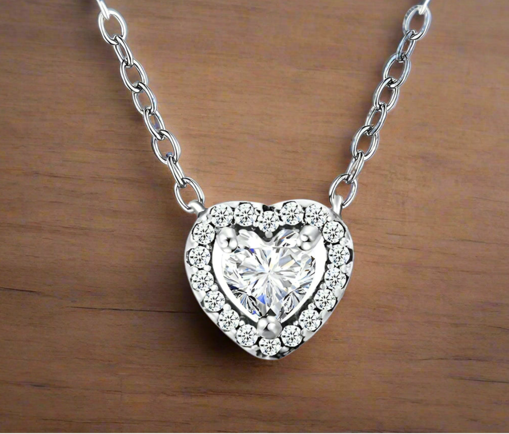 Fancy Crystal Heart 925 Sterling Silver Pendant Necklace Chain for Women Fine Statement Jewelry Accessories