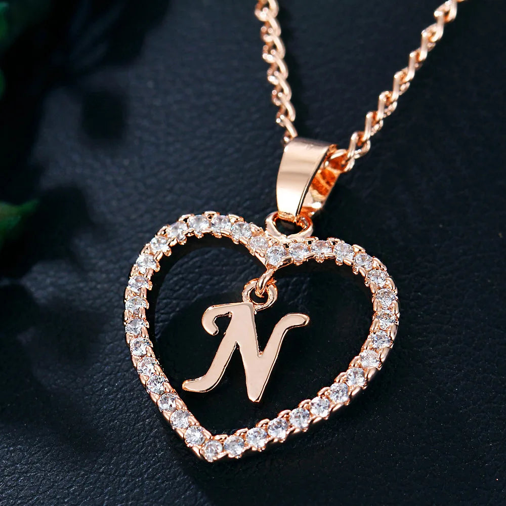 Luxury Crystal Heart Initial Letter Rose Gold Color Pendant Chain Necklace for Women Love Jewelry Accessories