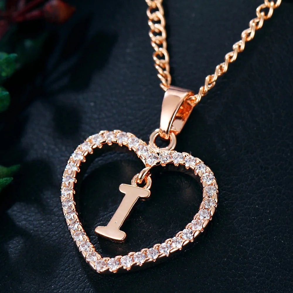 Luxury Crystal Heart Initial Letter Rose Gold Color Pendant Chain Necklace for Women Love Jewelry Accessories