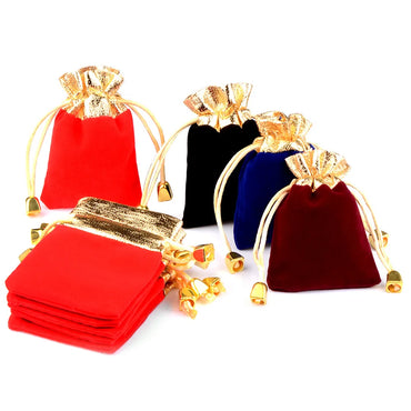 Drawstring Vintage Velvet Pouches with Gold Color Trim Bags for Jewelry Arts Crafts Gifts Storing, Protecting and Packaging 10pcs set