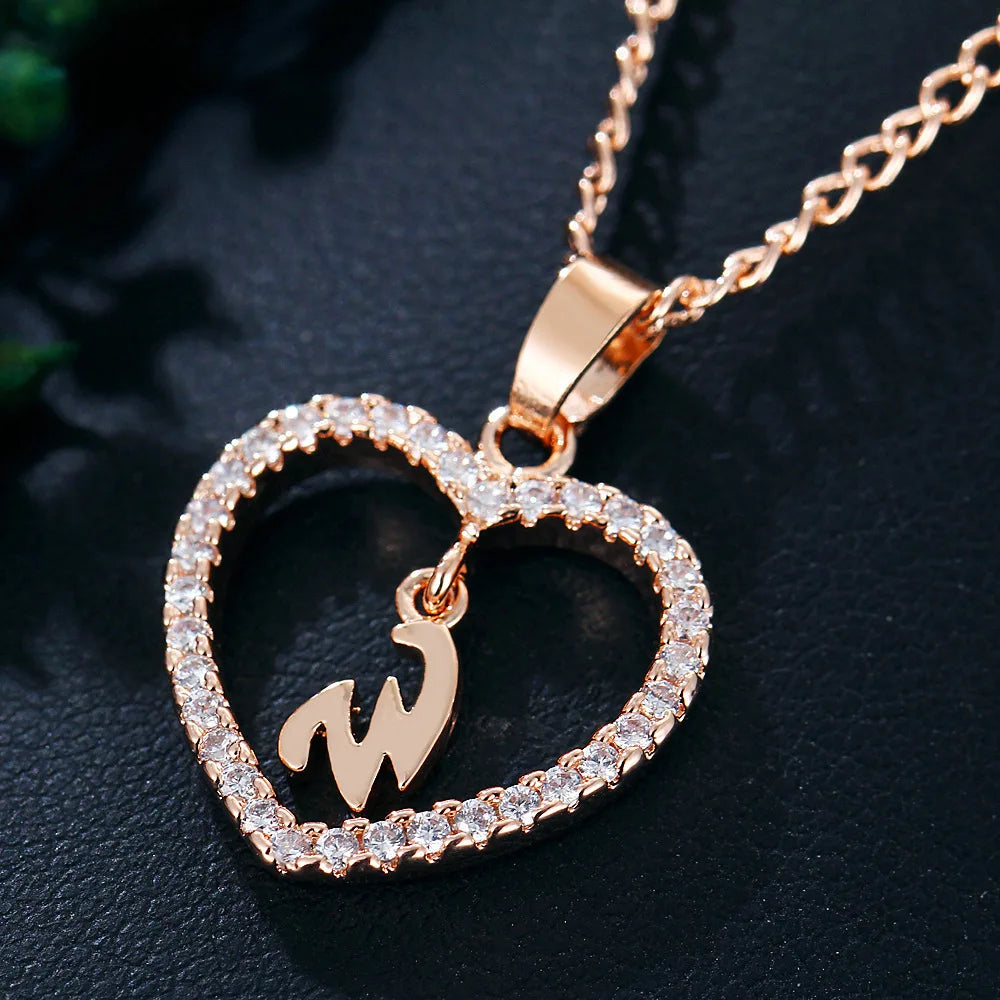 Luxury Crystal Heart Initial Letter Rose Gold Color Pendant Chain Necklace for Women Love Jewelry Accessories