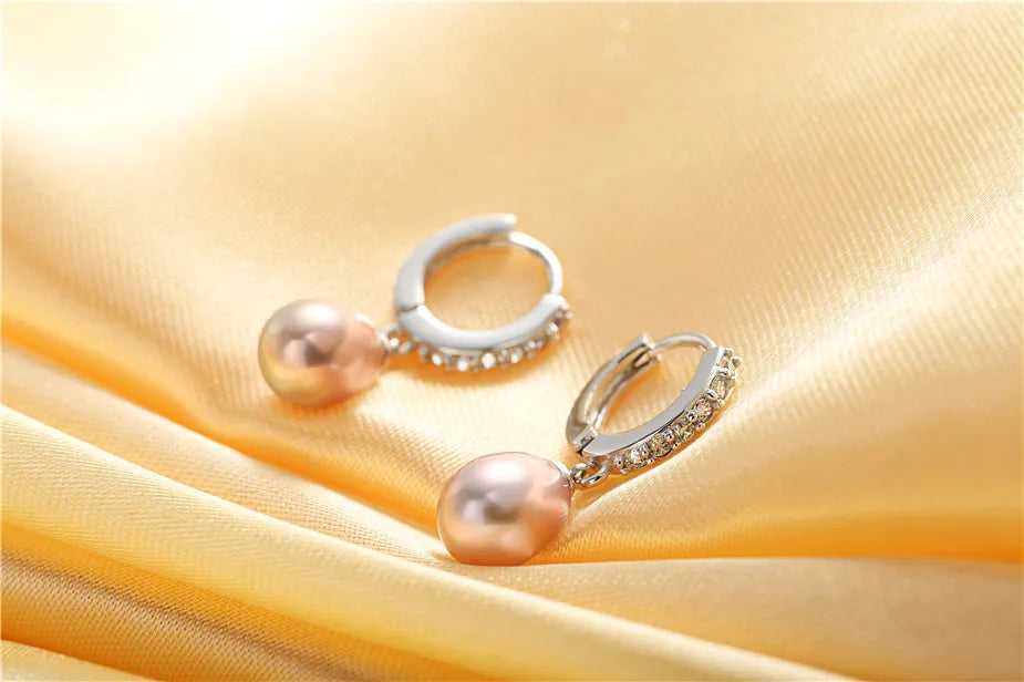 Exquisite Crystals Natural Pearl Hoop Drop Earrings for Women Girls 925 Sterling Silver Dangle Genuine Freshwater Pearls Zircon Jewelry