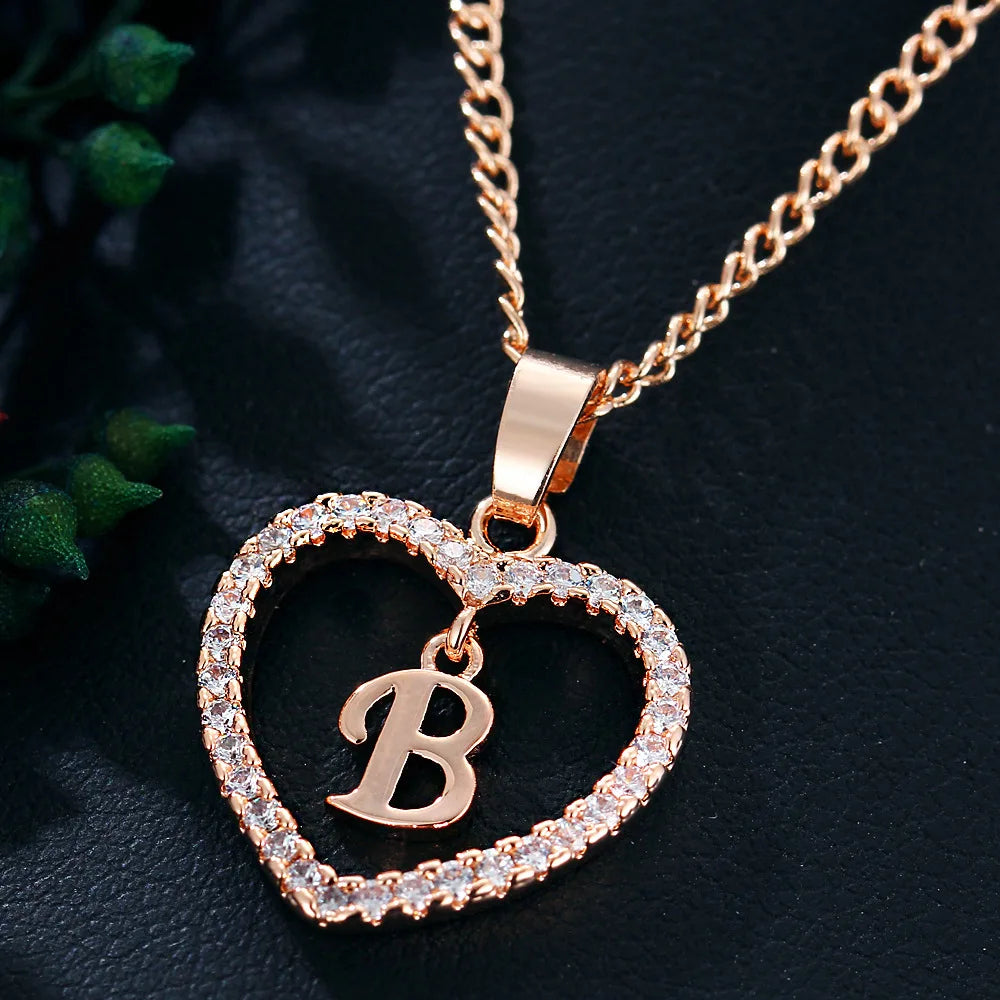 Luxury Crystal Heart Initial Letter Rose Gold Color Pendant Chain Necklace for Women Love Jewelry Accessories