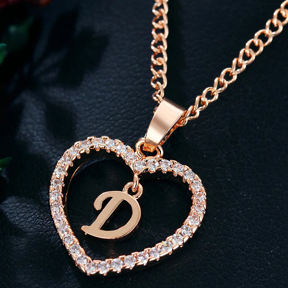 Luxury Crystal Heart Initial Letter Rose Gold Color Pendant Chain Necklace for Women Love Jewelry Accessories