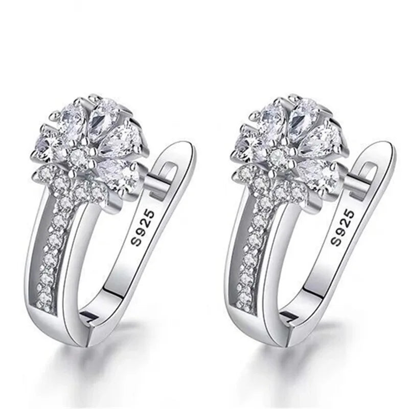 Luxurious Crystal Flowers Inlaid 925 Sterling Silver Hoop Earrings for Women Fancy Charm Jewelry Accessories