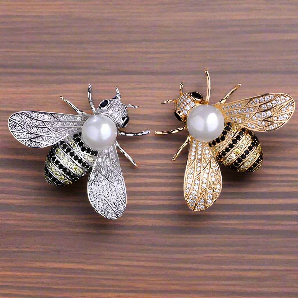 Luxury Crystals with Pearl Bee Brooch for Women Girls Rhinestone Gold Silver Color Pin Brooches Jewelry