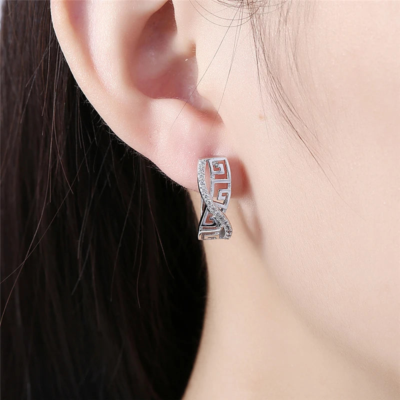 Popular Crystal Greek Key Design 925 Sterling Silver Hoop Earrings for Woman Jewelry Accessories